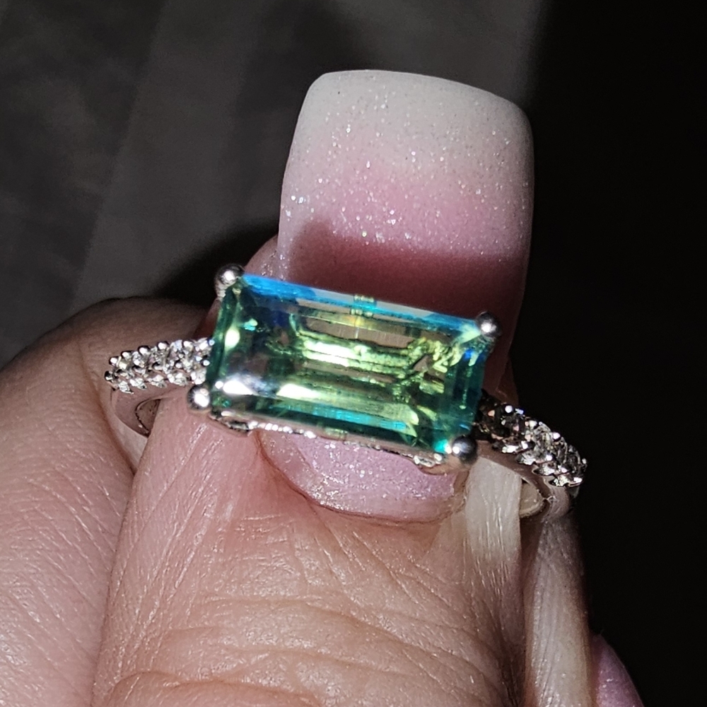 Sz 9, Baguette Peacock Quartz Triplet/White Zircon, 925 /w Platinum, NWT